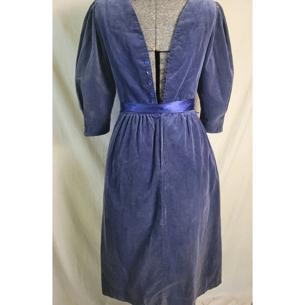 Vintage 40s‎ 50s Dusty Blue Velvet Midi Dress 3/4 Sleeve Ribbon Waist FLAW XS